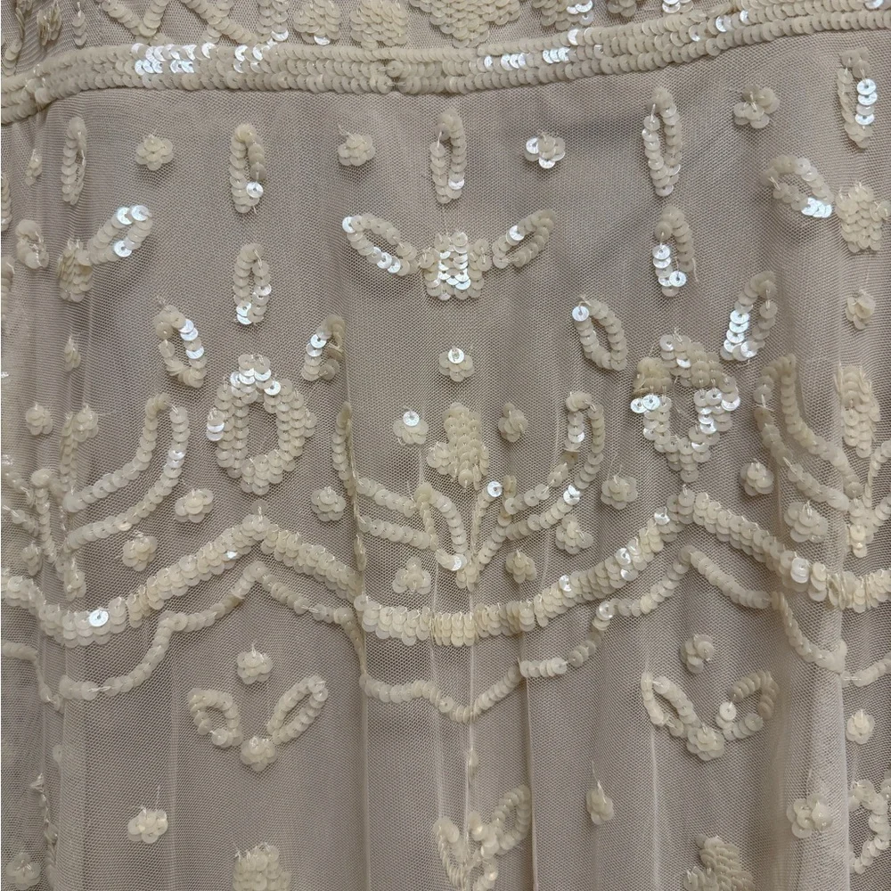NWT | Mac Duggal Nude Sequined High Neck Long Sleeve Midi Dress Size 16 - Picture 9 of 13